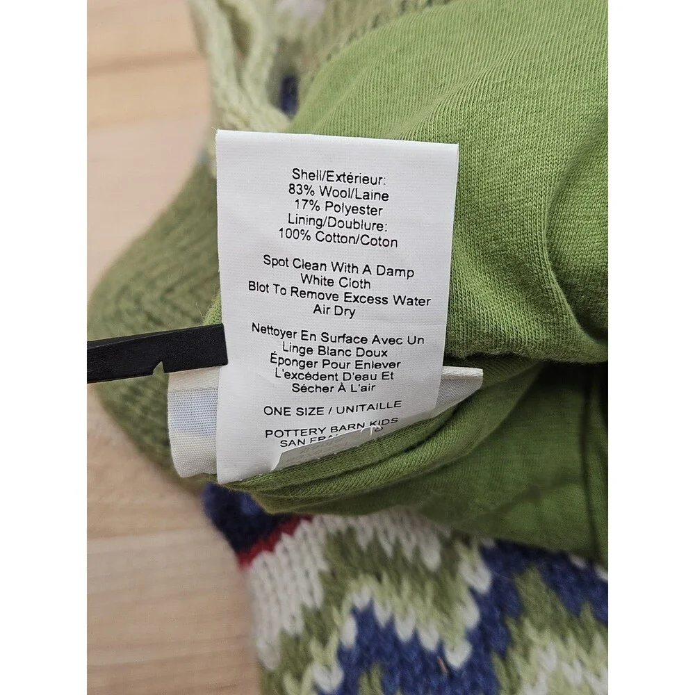 POTTERY BARN KIDS Fair Isle Knit Santa Green CHRISTMAS STOCKING Wool Cotton PBK